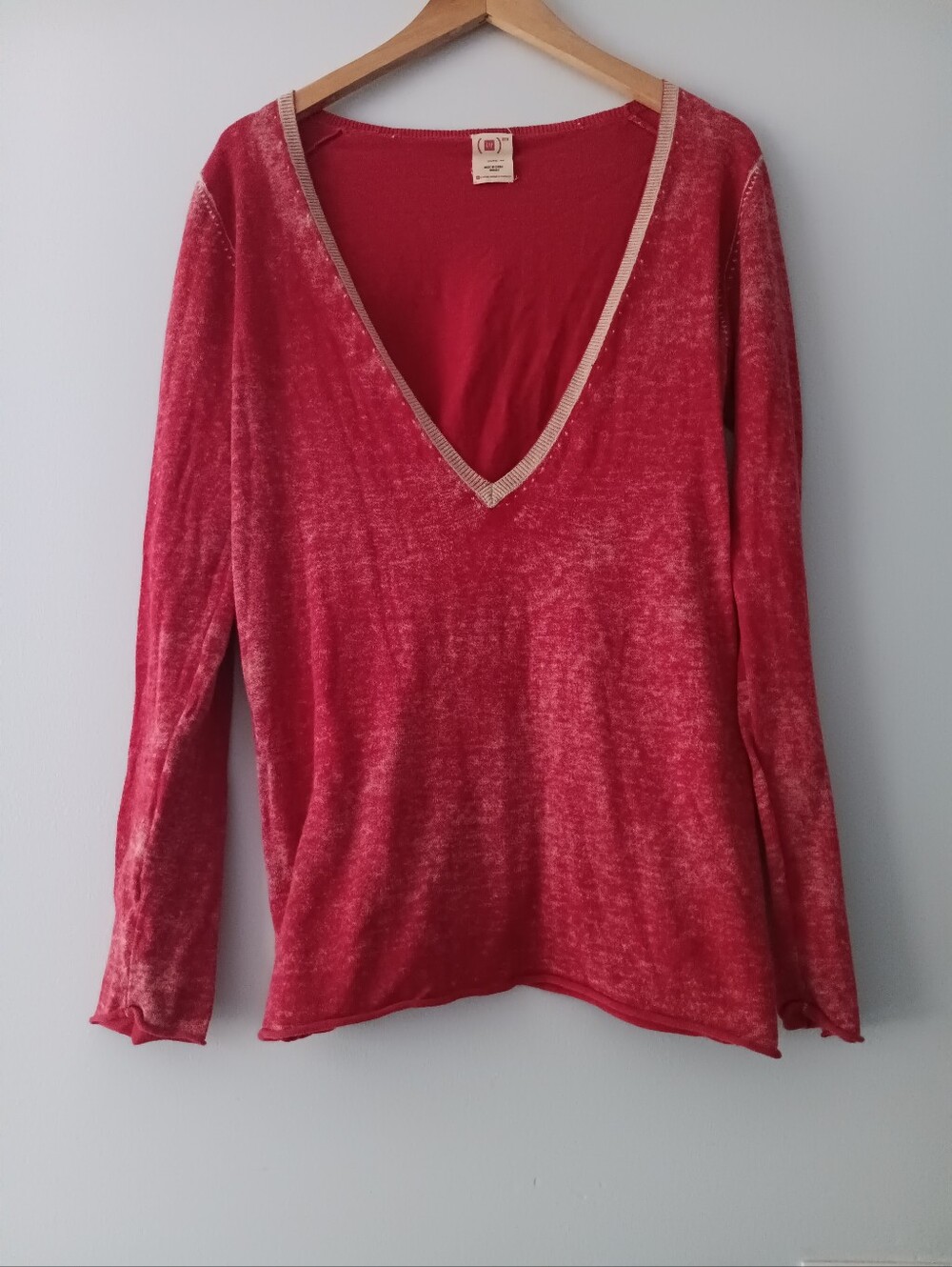 Gap Red Deep V Neck Sheer Distressed Cotton Long Sleeve Sweater M